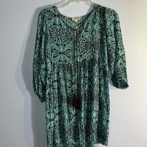 Umgee blue brown boho tie mini dress with balloon sleeves size med